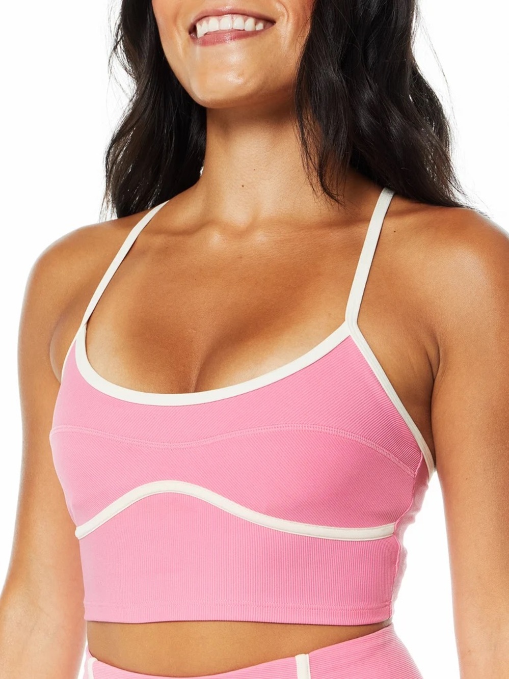 L-Space Active Revel Sports Rib Bra Top with Pads, Pink and White Contour Lining